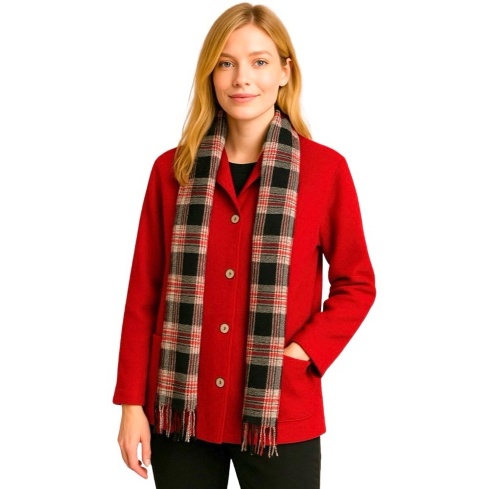 Talbots Red Boiled Wool Jacket Coat Sz Medium Lightweight 4 Button Pockets Scarf
